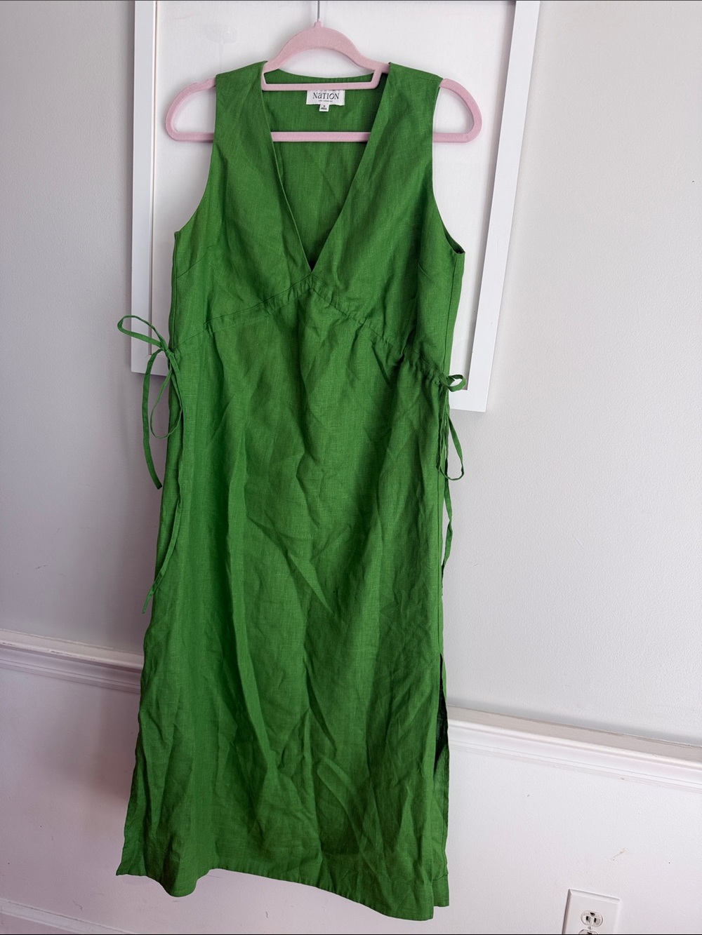 Kelly Green Linen V-Neck Midi Dress with Side Ties  Slits